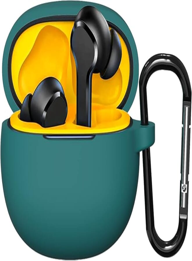Sounce Portable Silicone Case Scratch-Resistant, Non-Slip Grip, Carabiner Clip Compatible with Keychain for Realme TechLife Buds T110 Full Protection Shockproof Case Cover Anti Fall Anti Dust (Green)